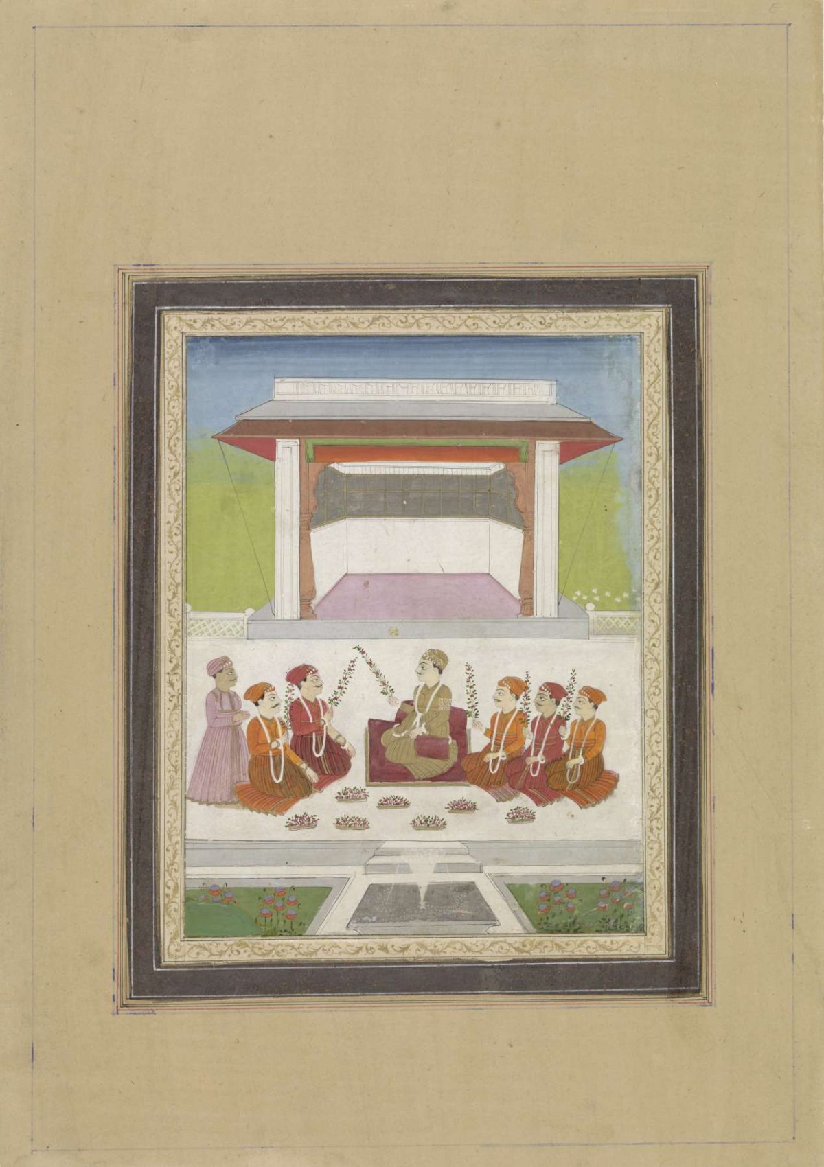 Frosts with flower branches on a terrace, anonymous, 1790 - 1810