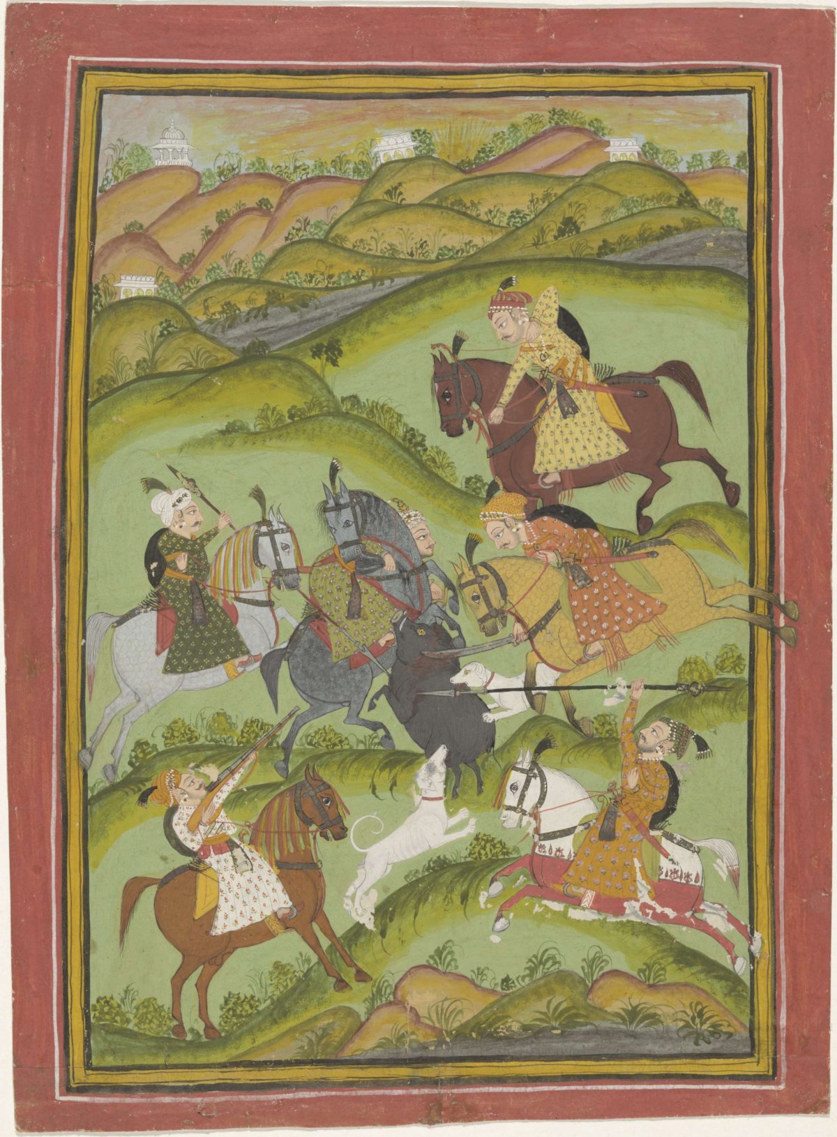 Hunting group from Bundi with wild boar, anonymous, 1750 - 1770