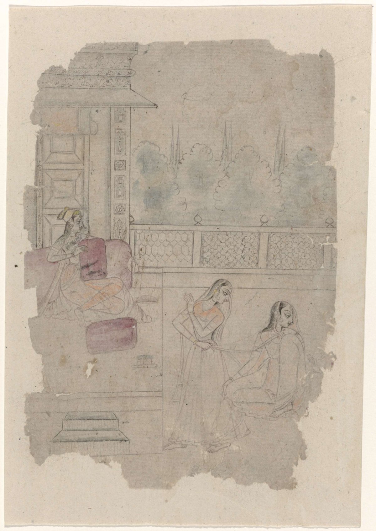 Sketch of a pair of ladies on a terrace, anonymous, c. 1800