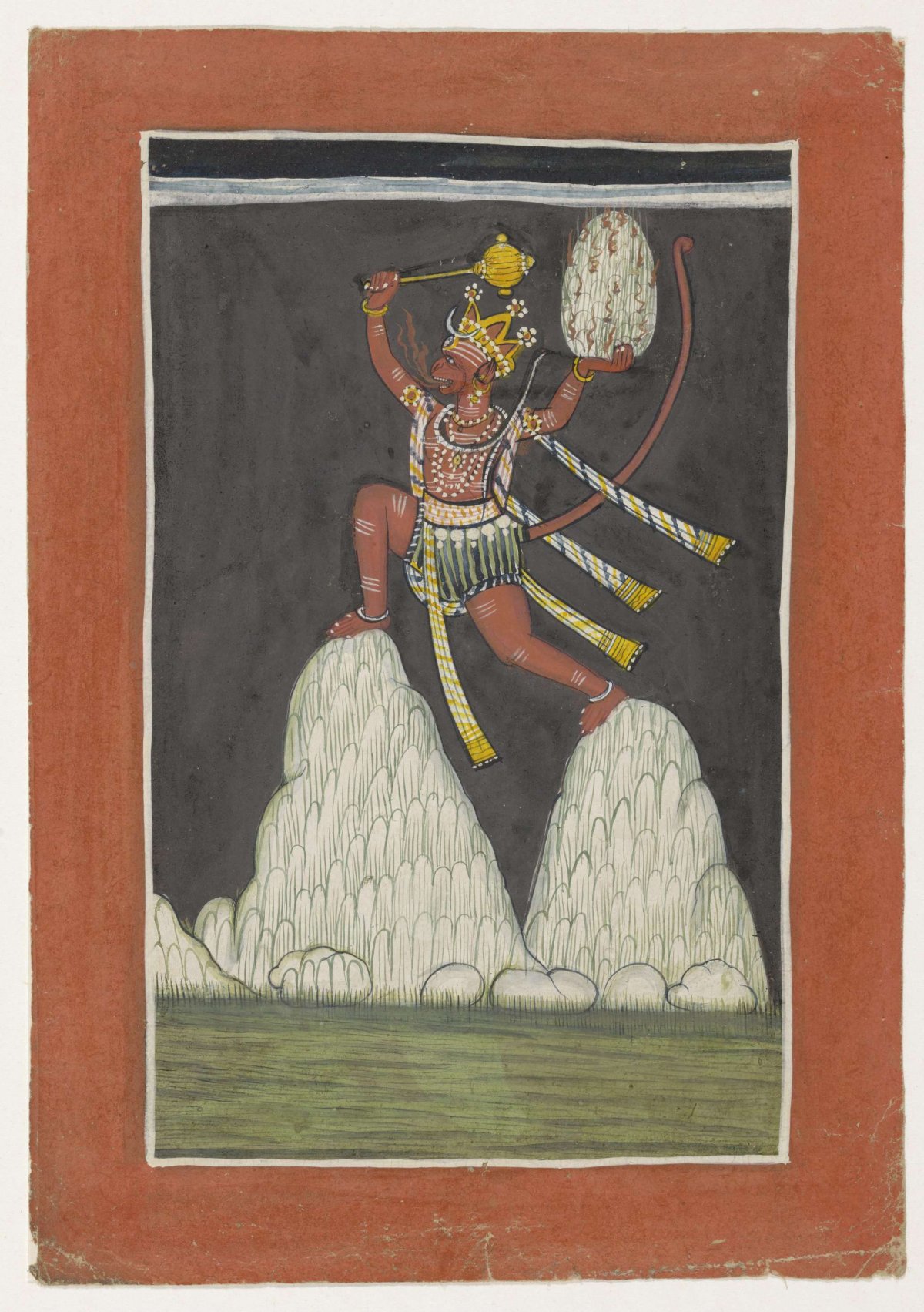 Hanuman jumps on mountain tops, anonymous, 1780