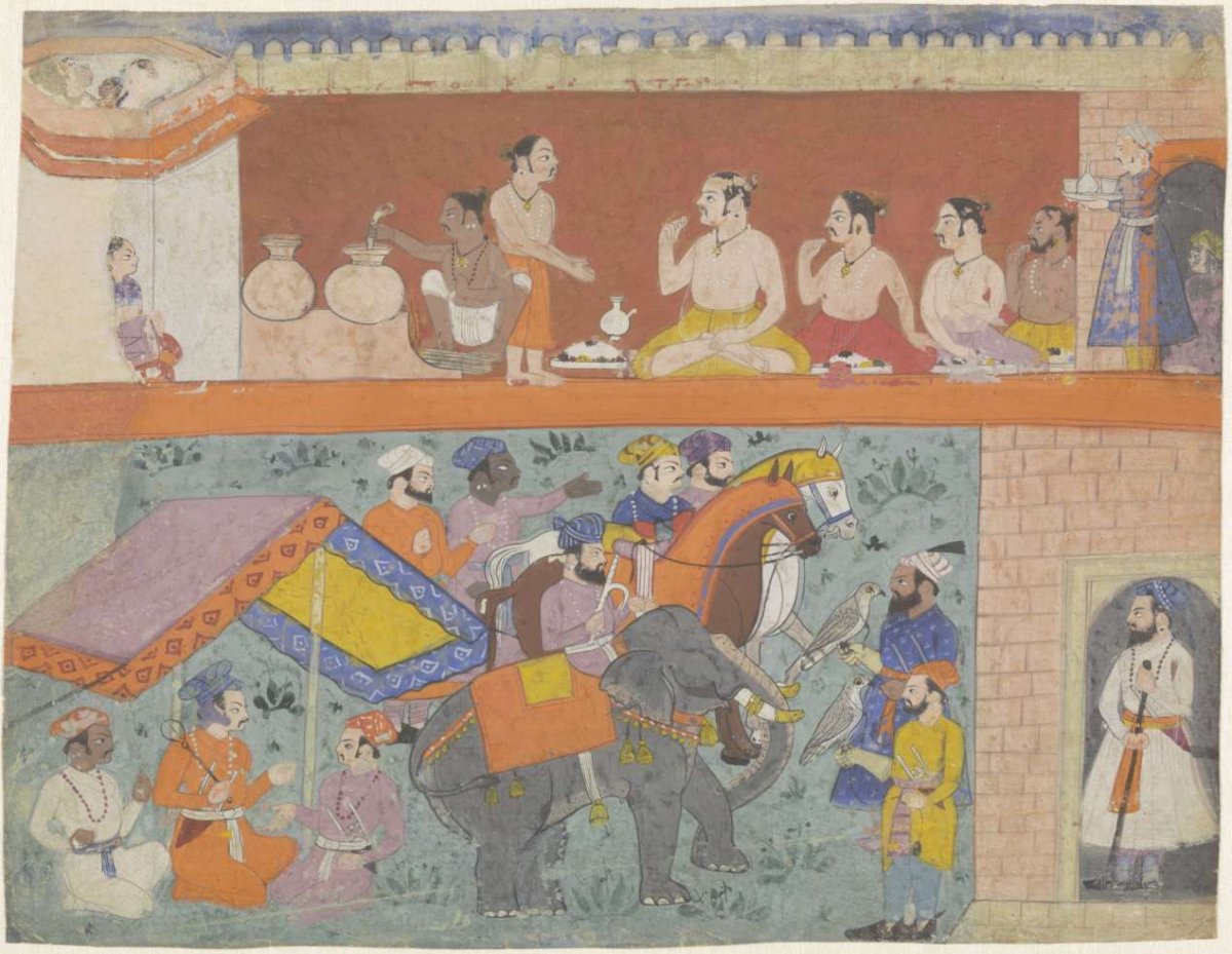 Representation with seated men and representation with horsemen, an elephant and falcons, anonymous, 1690 - 1710