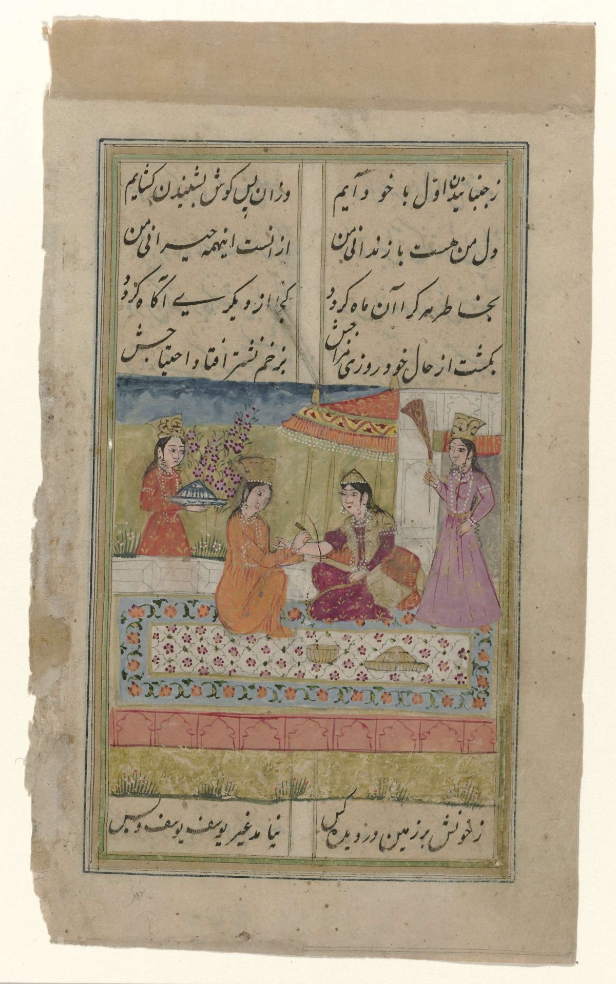 Two ladies with their servants on a terrace in front of a palace, anonymous, 1790 - 1810