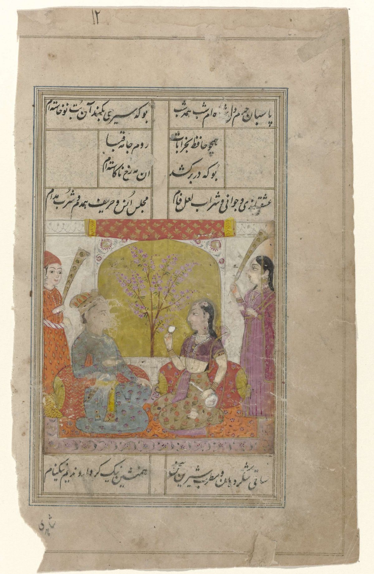 Couple on roll cushions in a palace with two servants behind them, anonymous, 1790 - 1810