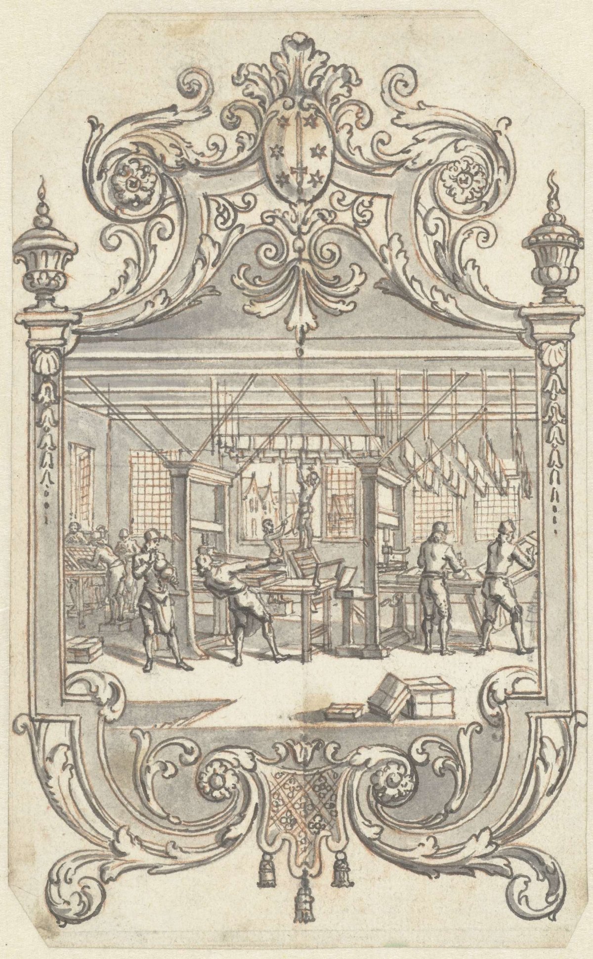 Interior of a print shop, Adolf van der Laan, c. 1740