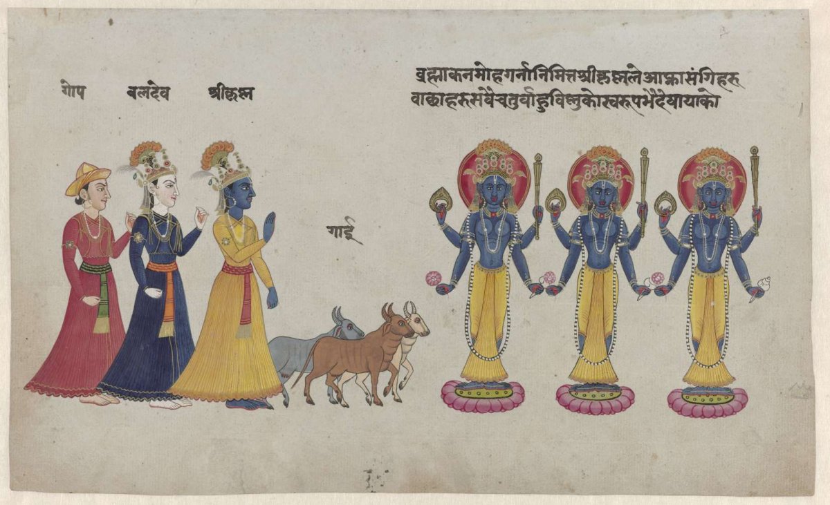 Krishna with Baladeva facing three gods gopis, anonymous, 1820 - 1849
