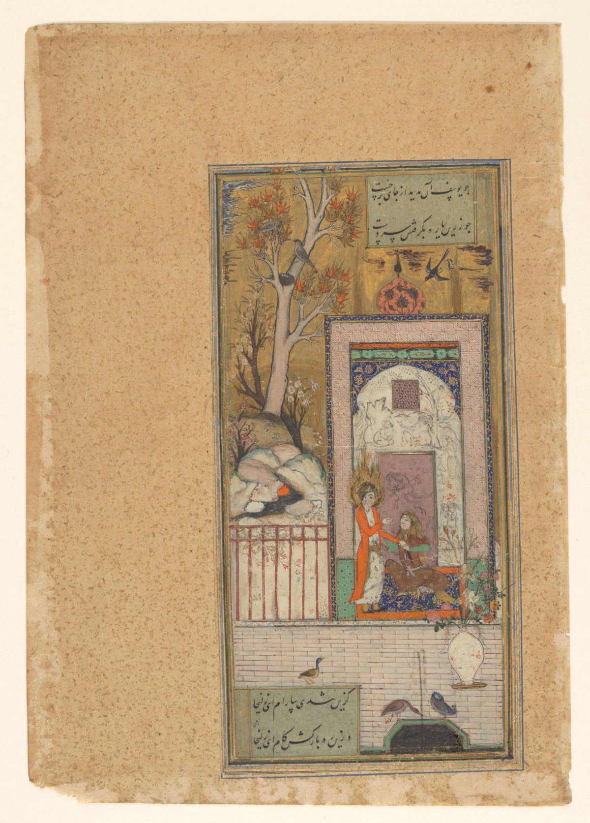 Celestial messenger with an announcement for a seated man in a palace, anonymous, 1400 - 1700