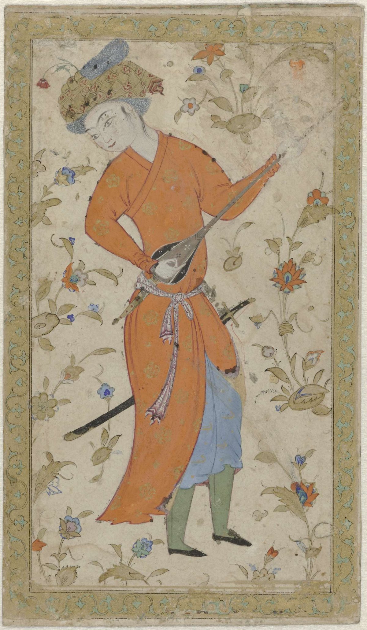 Man in a red robe playing a musical instrument, anonymous, 1570 - 1590