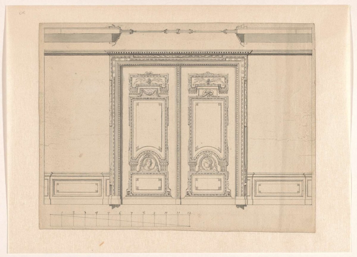 Design drawing showing room paneling with double doors, anonymous, 1760 - 1799
