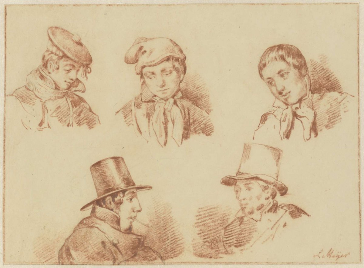 Study sheet with five boys' and men's heads, Louis Meijer, 1819 - 1866