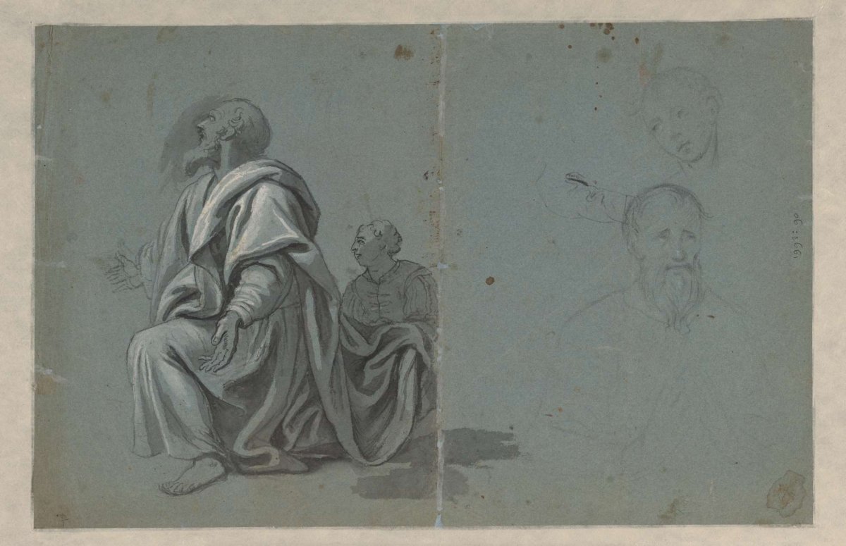 Two kneeling figures and two head studies, anonymous, 1600 - 1699