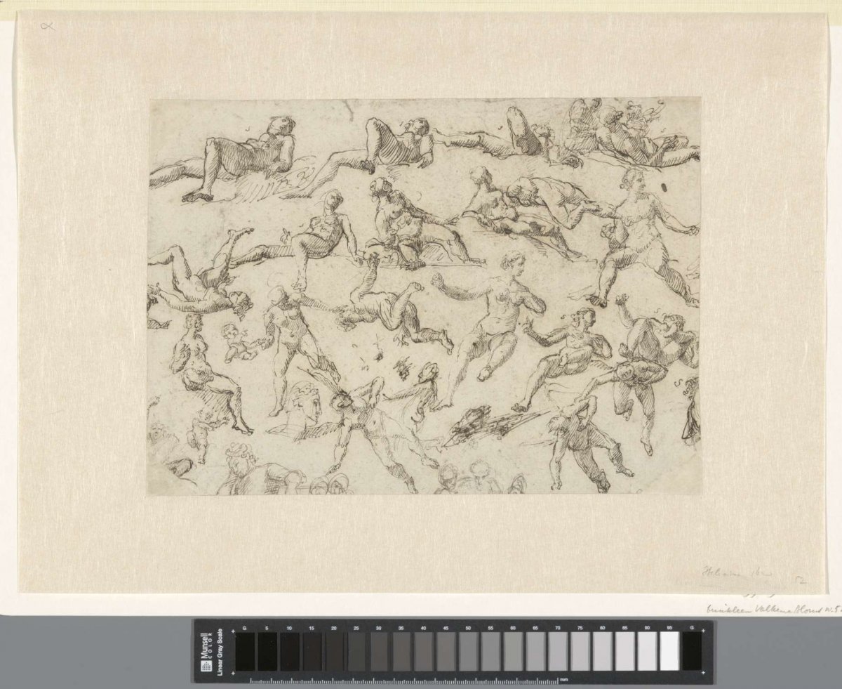 Study sheet with naked women, children and heads, anonymous, 1500 - 1599