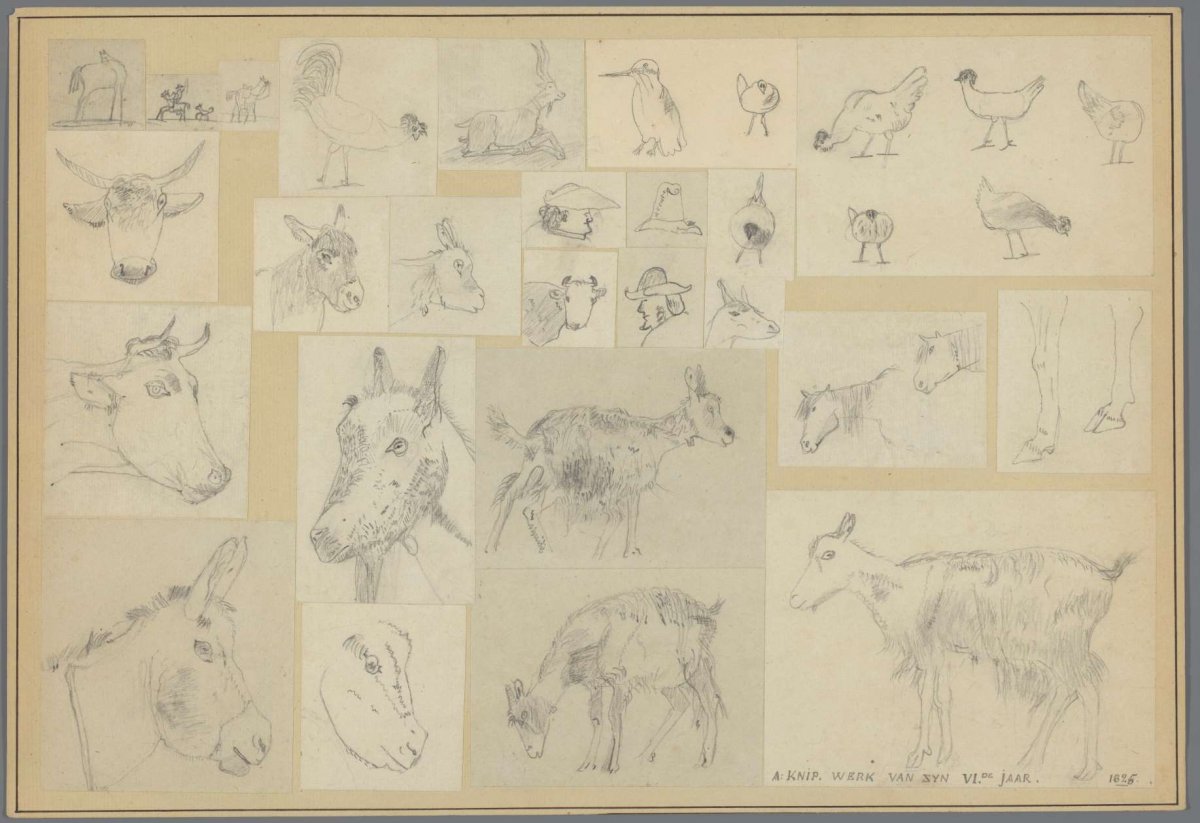 Cardboard on which 61 children's drawings of animals and people are pasted, Henriëtte Ronner, 1825