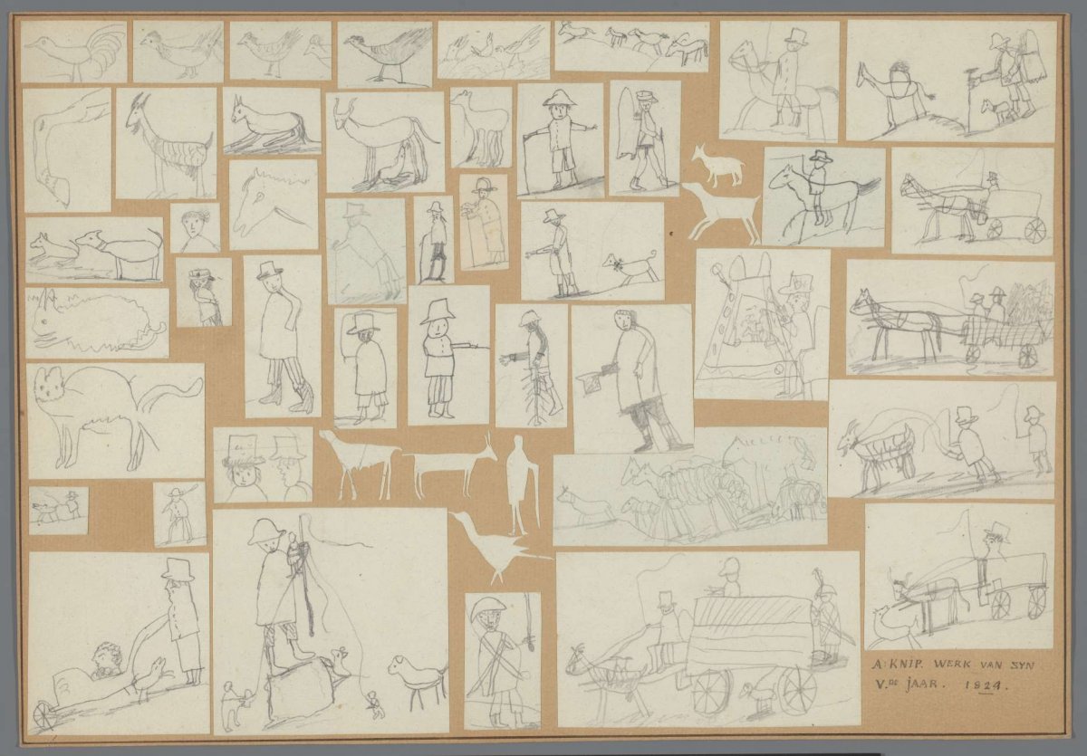 Cardboard on which 43 children's drawings of animals and people have been pasted, Henriëtte Ronner, 1826