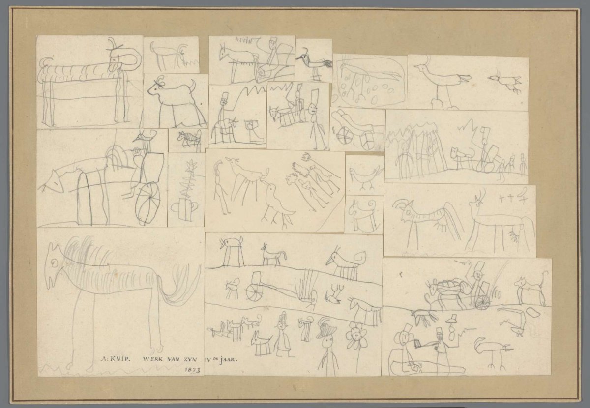 Cardboard on which are pasted 6 children's drawings of animals, a human and a landscape, Henriëtte Ronner, 1827