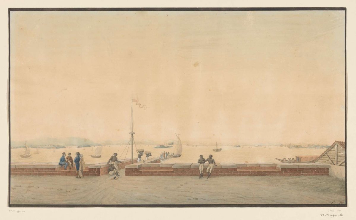View of a bay from a harbor jetty, anonymous, 1821
