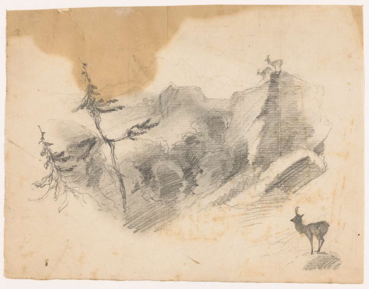 Deer in a mountainous landscape, Johannes Tavenraat, 1819 - 1881