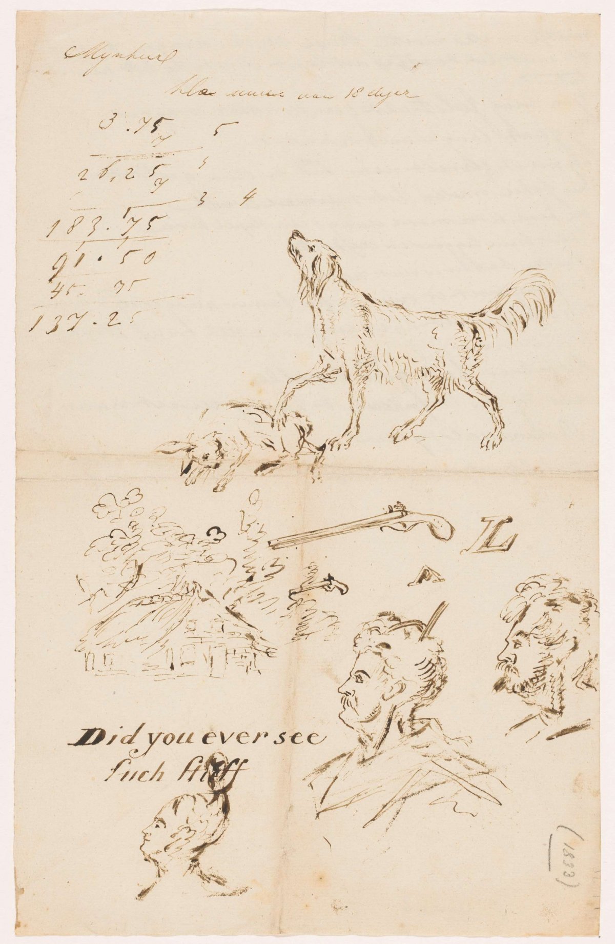 Studies of heads, a hunting dog, a cottage and pistols, Johannes Tavenraat, 1830 - 1835