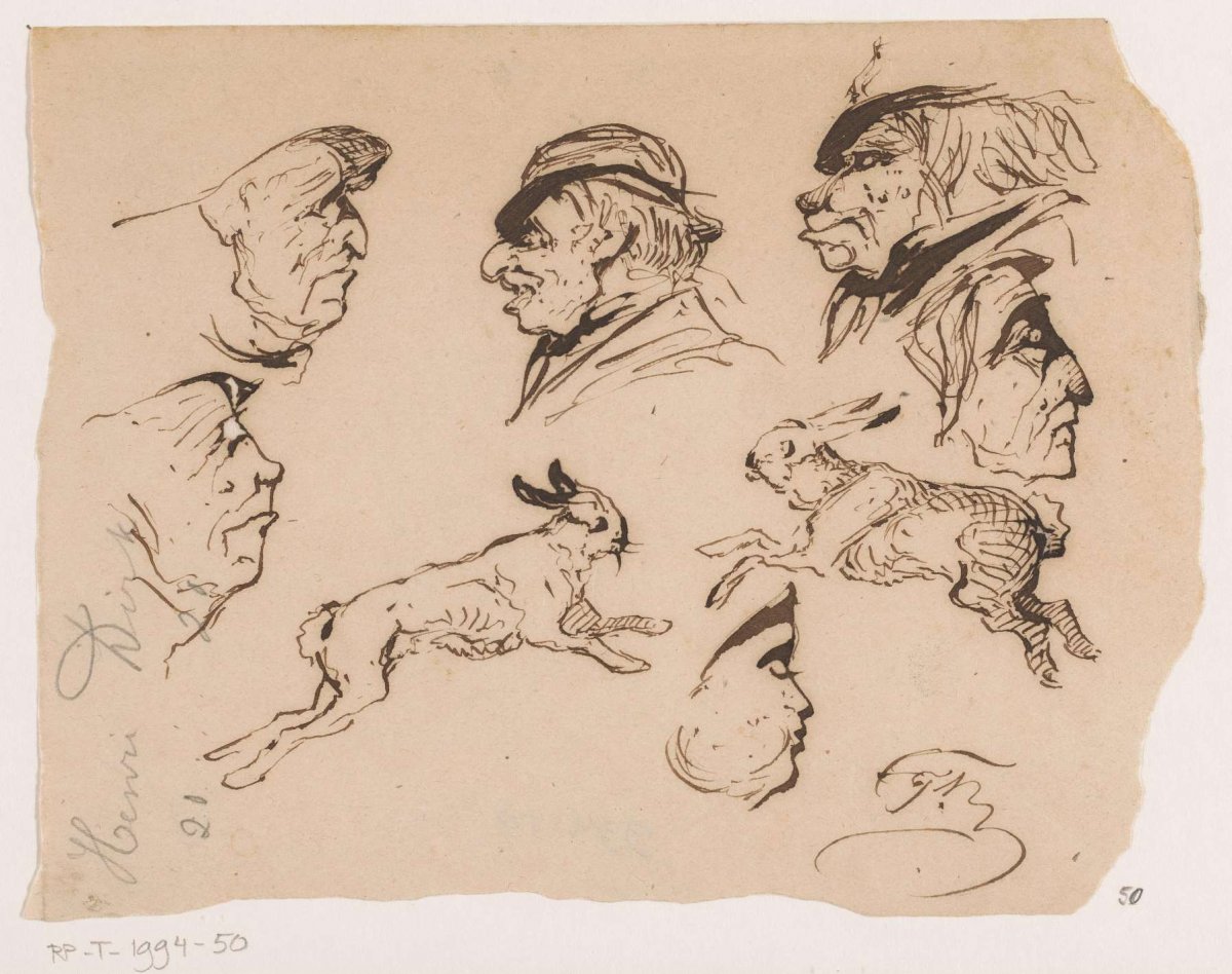 Sketches of heads and hares, Johannes Tavenraat, 1819 - 1881