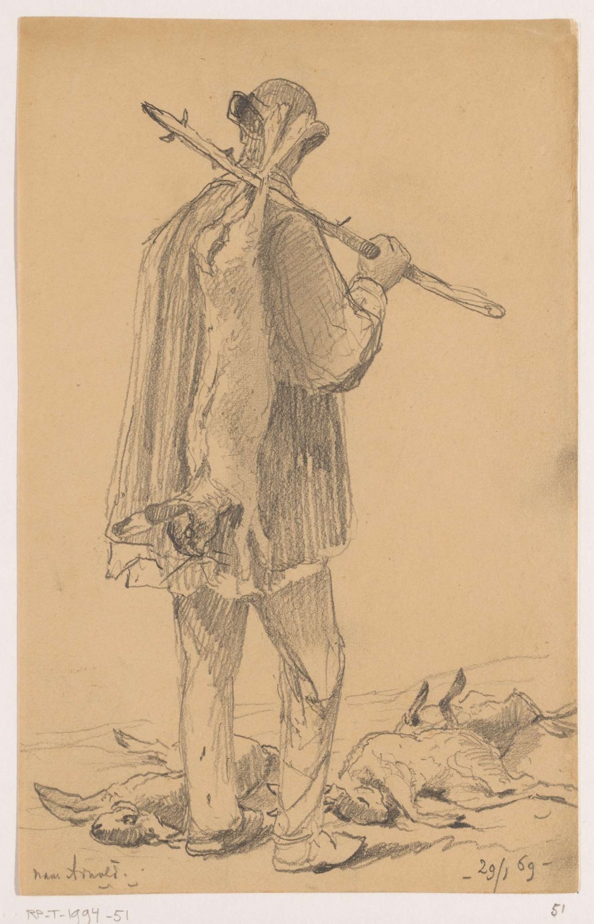 Man seen on back carrying a hare, Johannes Tavenraat, 1869