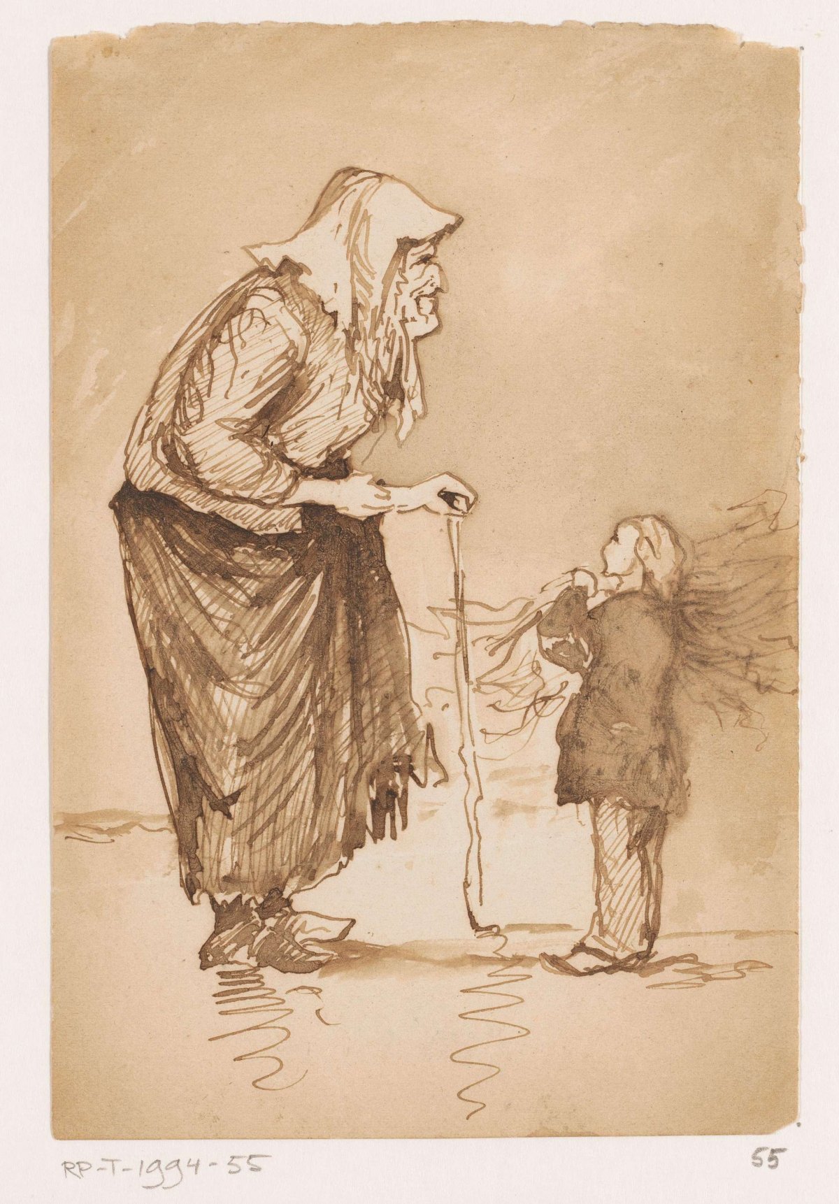 Old woman and a little boy with a bunch of branches, Johannes Tavenraat, 1819 - 1881