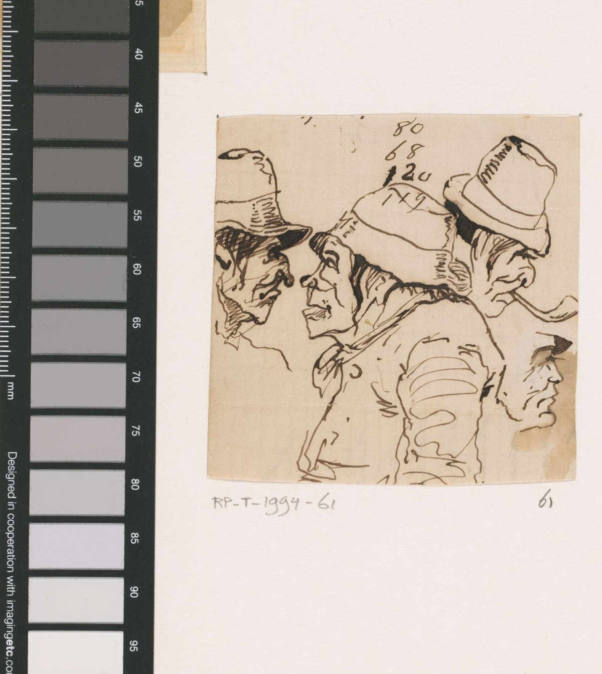 Fragment of a sketch sheet with four caricatured male heads, Johannes Tavenraat, 1819 - 1881