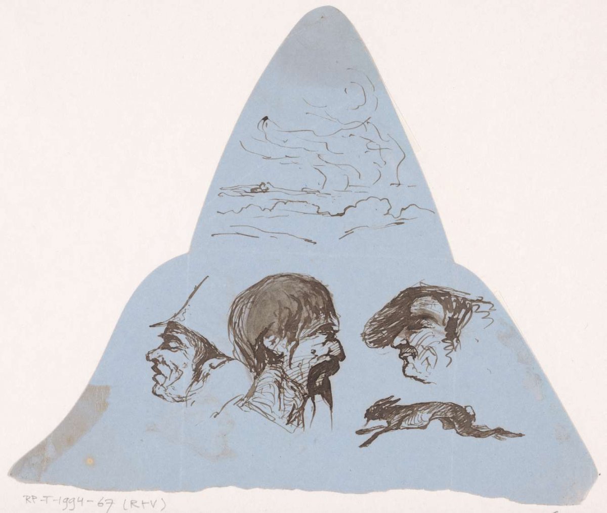 Three men's heads, a running hare and a landscape scrawl, Johannes Tavenraat, 1819 - 1881