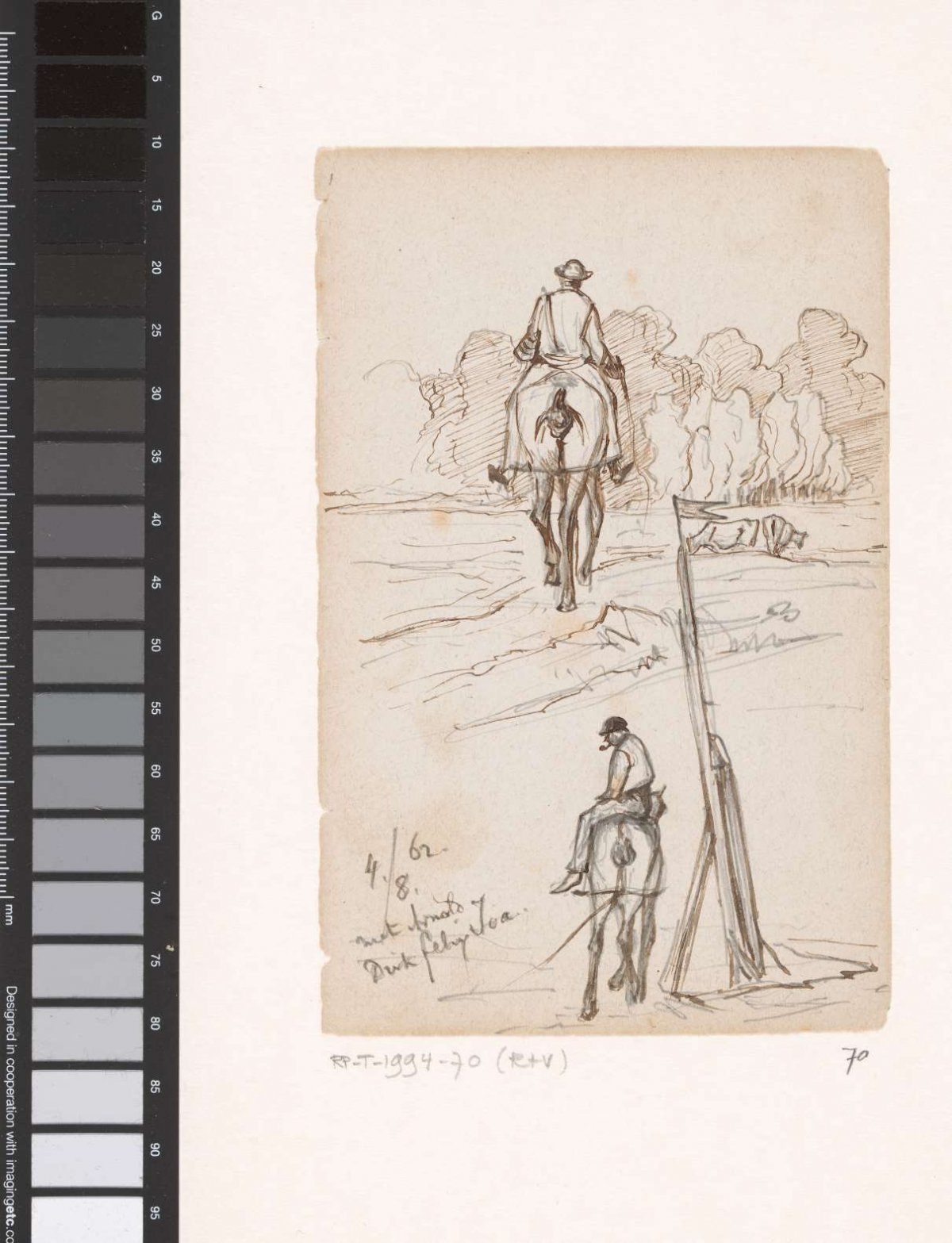 Two sketches of a hunter on a towpath, Johannes Tavenraat, 1862