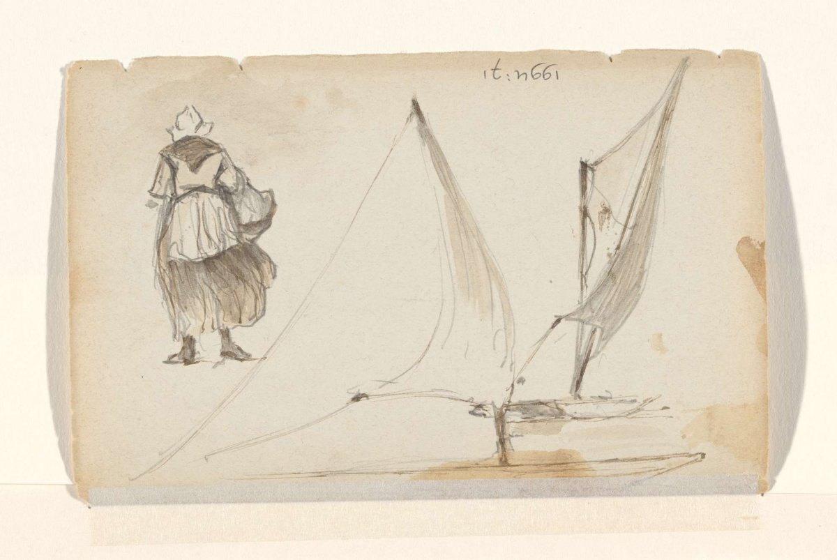 Studies of ships and a fisherwoman, seen from the back, Johannes Tavenraat, 1862