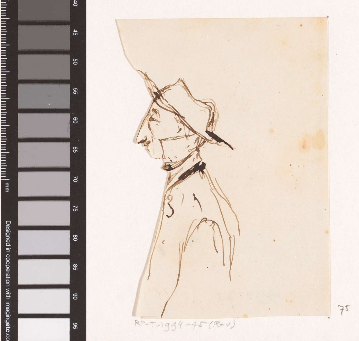 Caricature head of a man with hat, in profile to the left, Johannes Tavenraat, 1819 - 1881