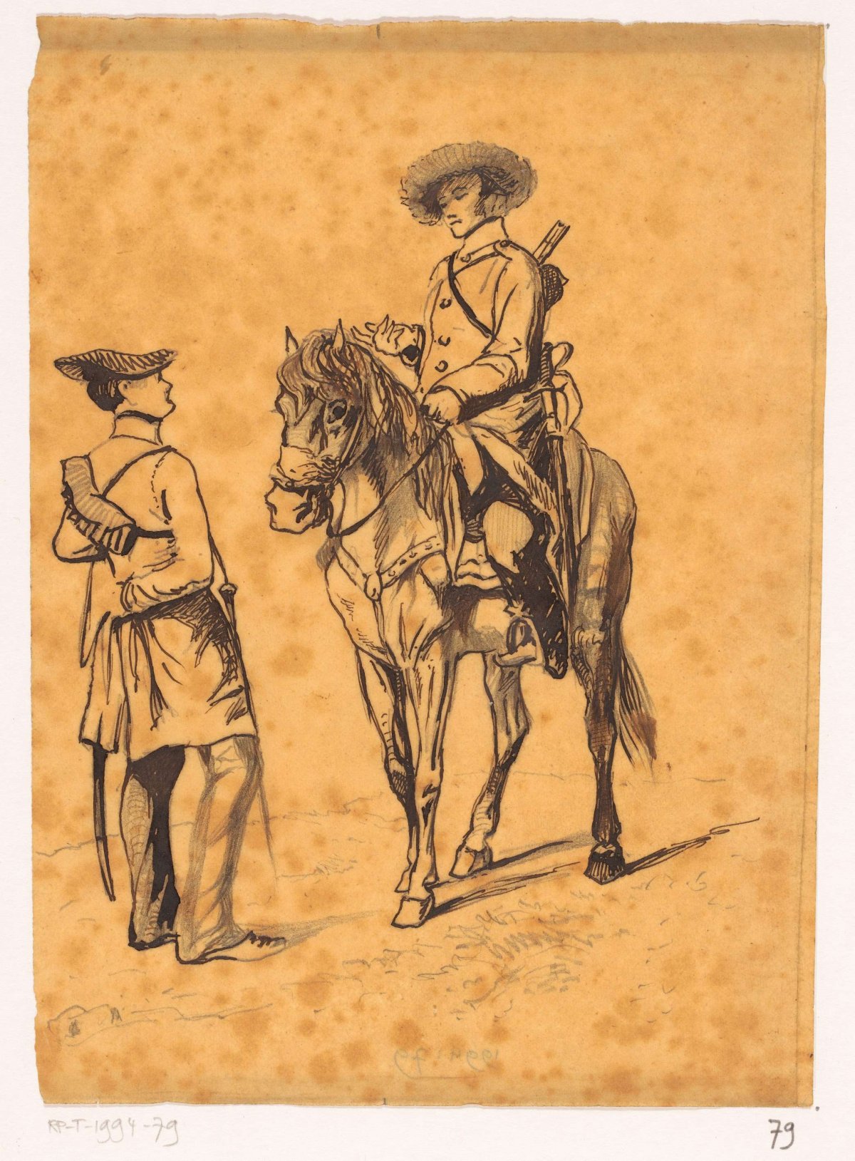 Officer on horseback talking to a soldier, Johannes Tavenraat, 1819 - 1881