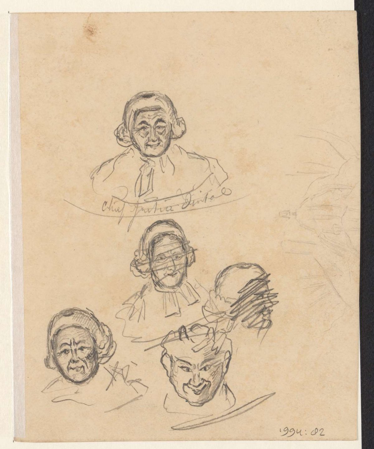 Sketches of lawyers and a devil's head, Johannes Tavenraat, 1819 - 1881