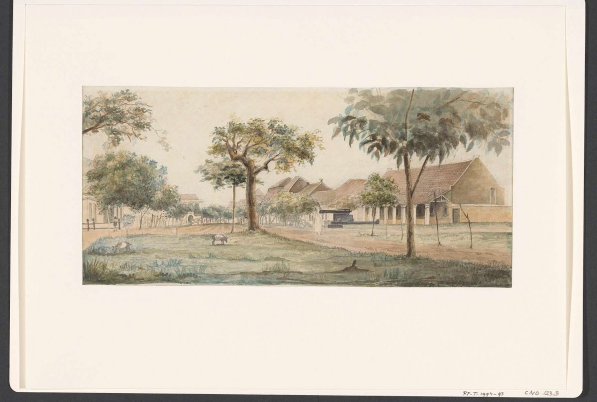 View of a Dutch settlement in Indonesia, J. G. van der Does, 1843 - 1845