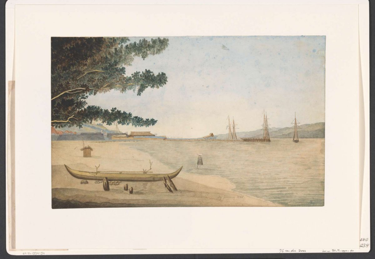 View of a Dutch settlement with fort and harbor in Indonesia, J. G. van der Does, 1845