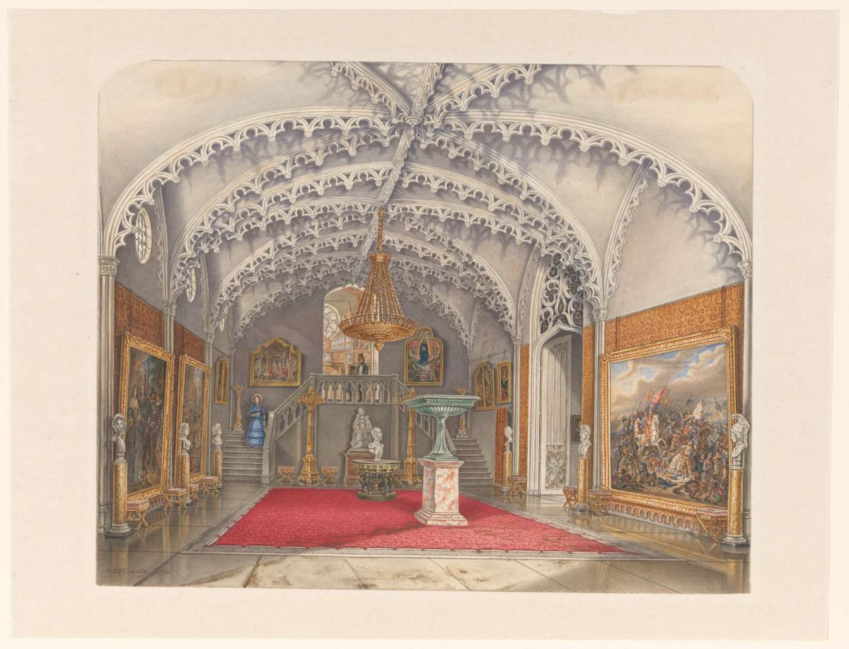 Marble front hall at the Gothic Hall, Kneuterdijk Palace, The Hague, Augustus Wijnantz, 1850