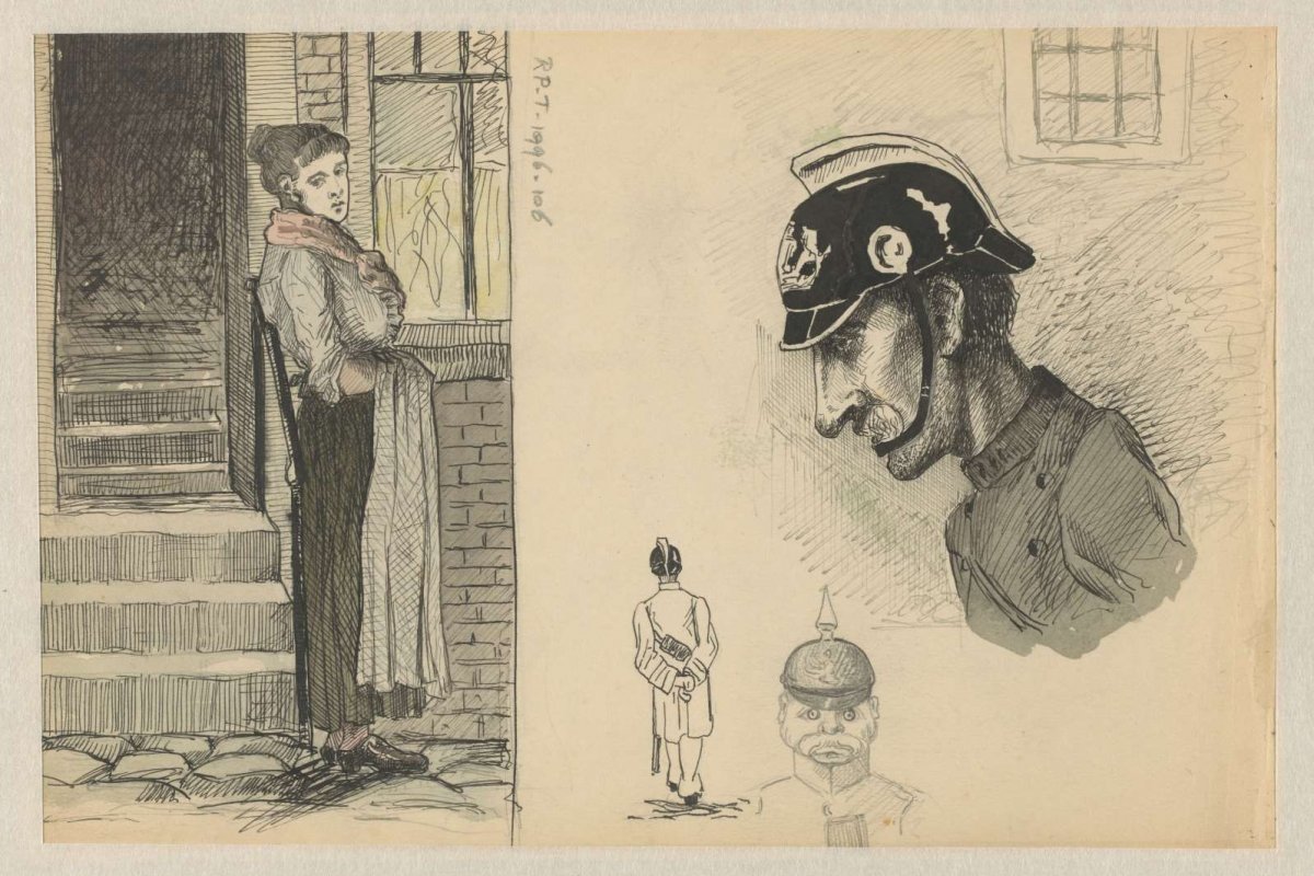 Woman in front of a house and three representations of a police officer, Ernst Maximilian Büttinghausen, 1893 - 1928