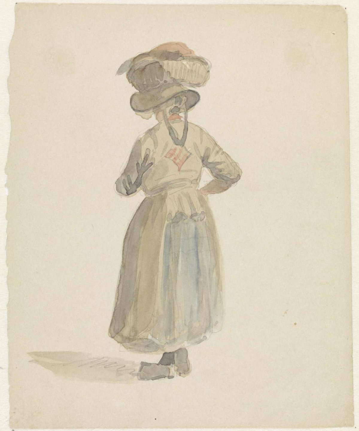 Figure study of a woman with a basket on her head, from behind, Adrianus Eversen, 1828 - 1897