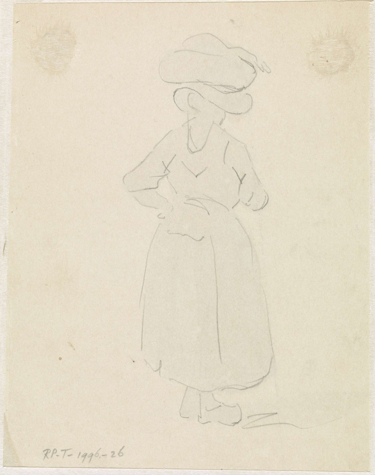 Sketch of a woman with a basket on her head, from behind, Adrianus Eversen, 1828 - 1897