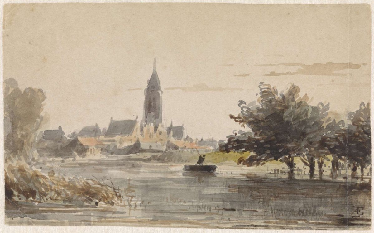 View of a town seen from across a river, Adrianus Eversen, 1828 - 1897