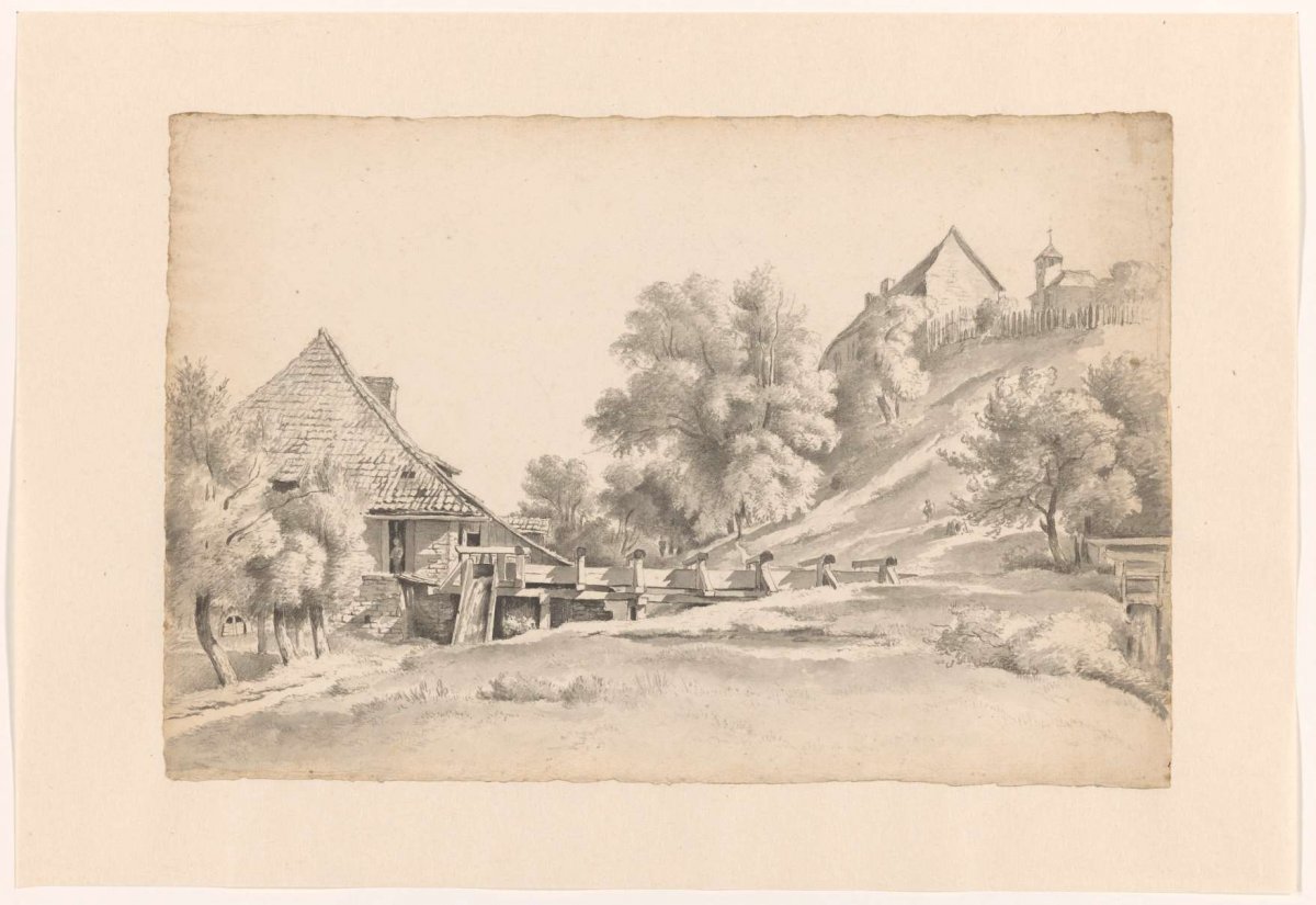 Landscape with a water mill and a small church, Cornelis Steffelaar, 1807 - 1861