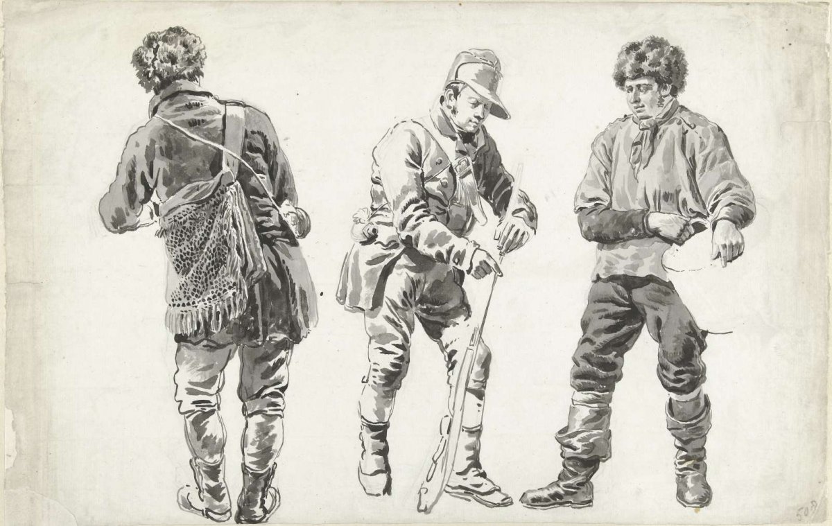 Study sheet showing a hunter (?) seen from behind, a soldier and a fisherman, Leendert de Koningh, 1787 - 1849