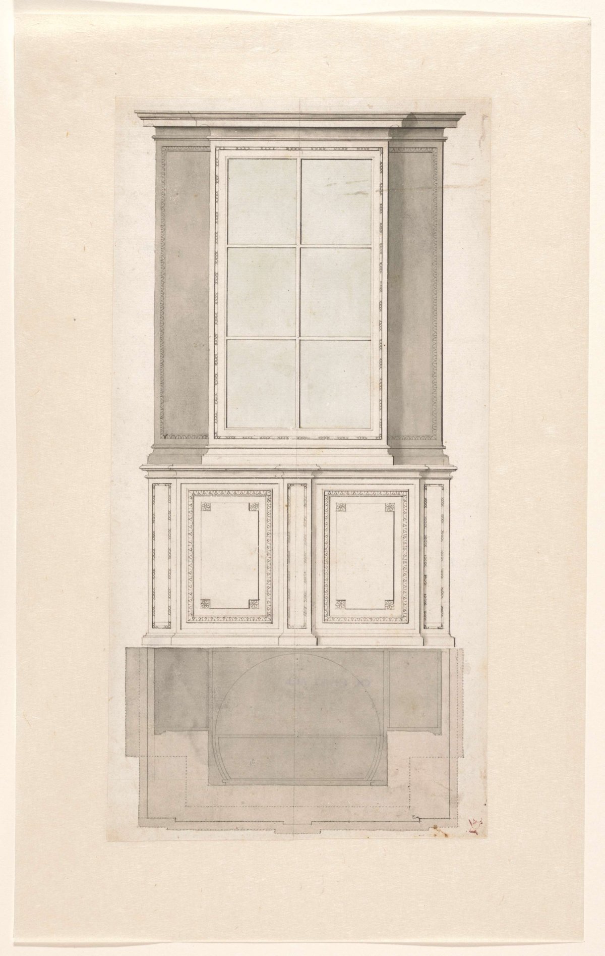 Design for cabinet with glass doors and swivel interior, anonymous, c. 1775 - c. 1785