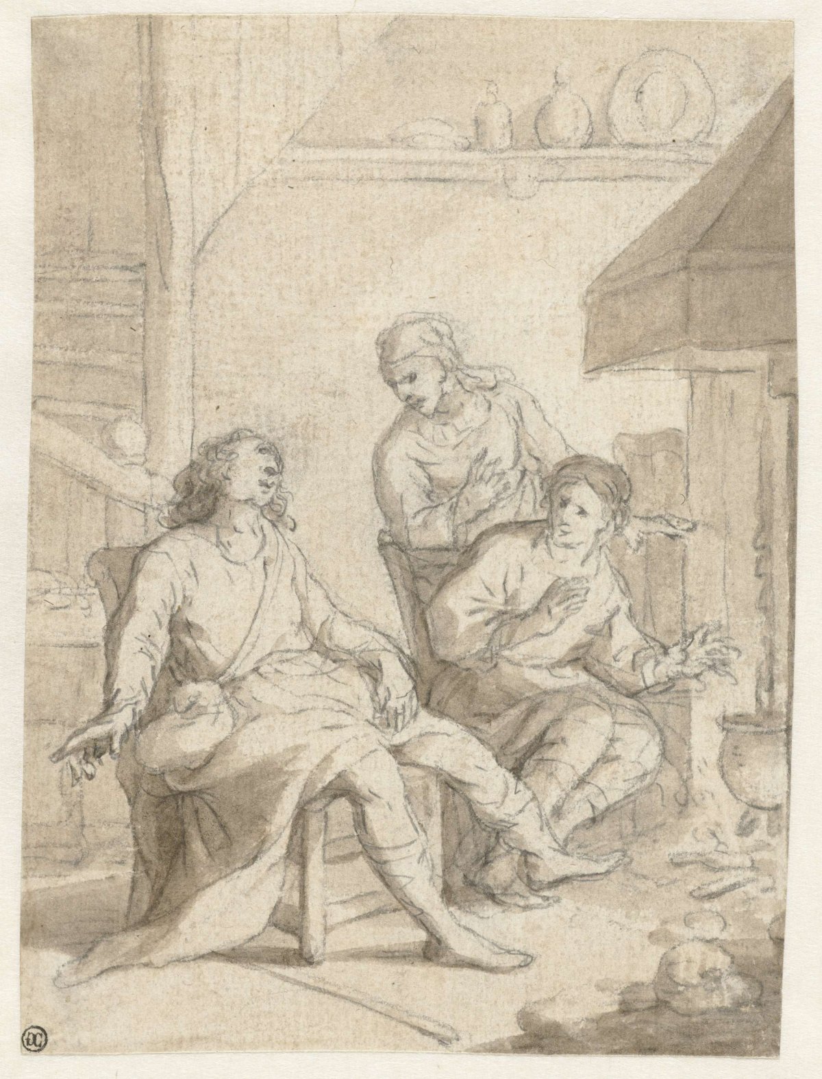 Man and two women in a kitchen by the fire, anonymous, 1650 - 1699