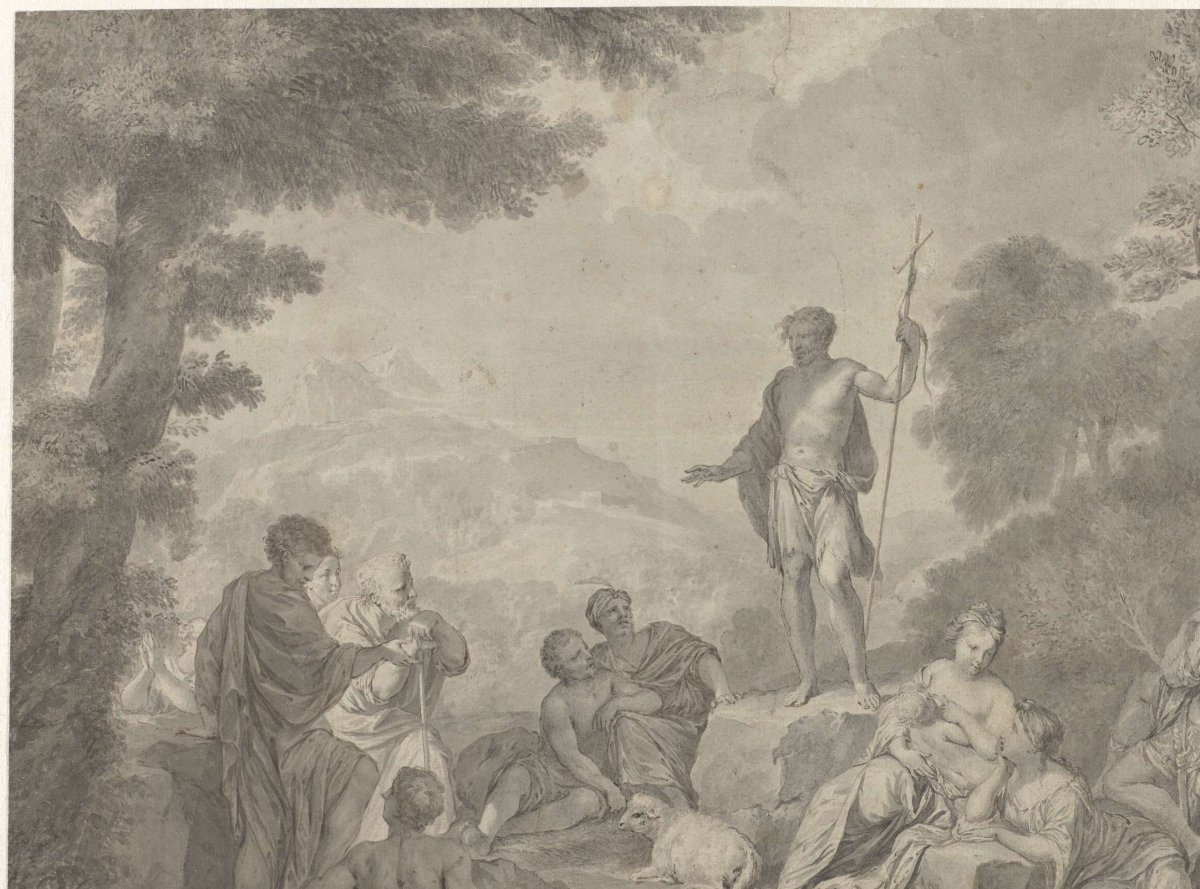 Sermon of John the Baptist, in landscape, Nicolaas Verkolje, 1683 - 1746