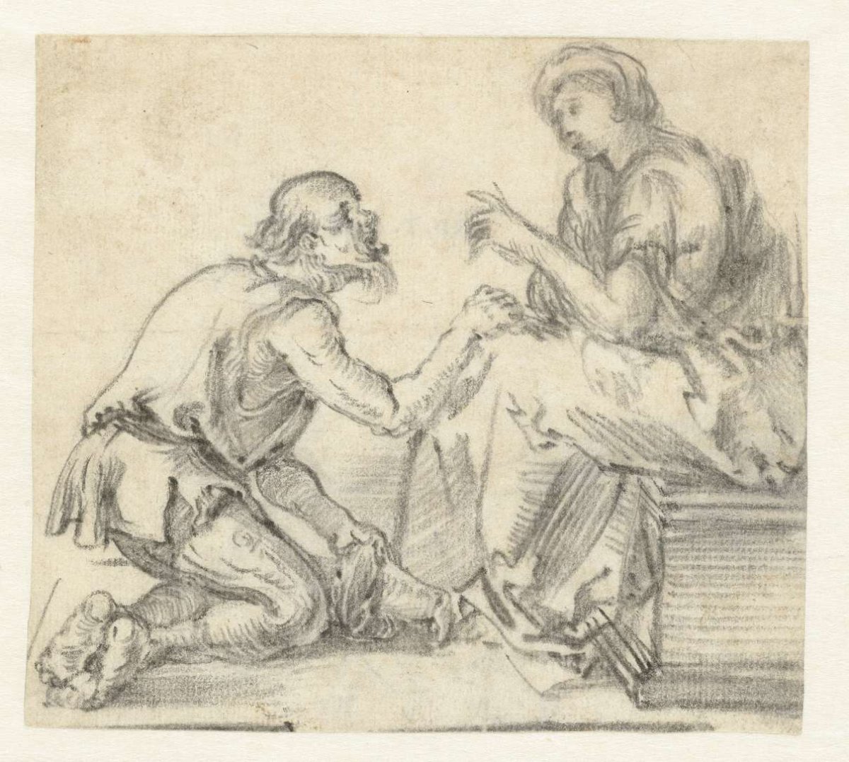Beggar on his knees sitting in front of a seated woman, anonymous, 1600 - 1699
