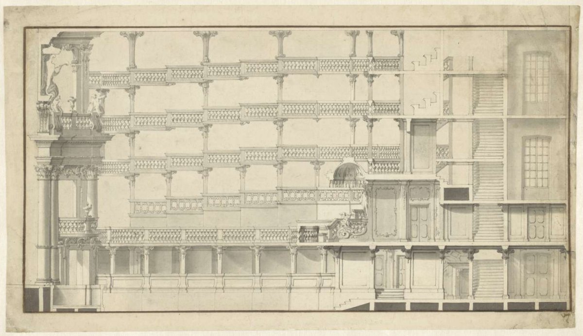 Design for the auditorium of the Hofoper, Mannheim, longitudinal section, Alessandro Galli Bibiena, 1697 - 1769