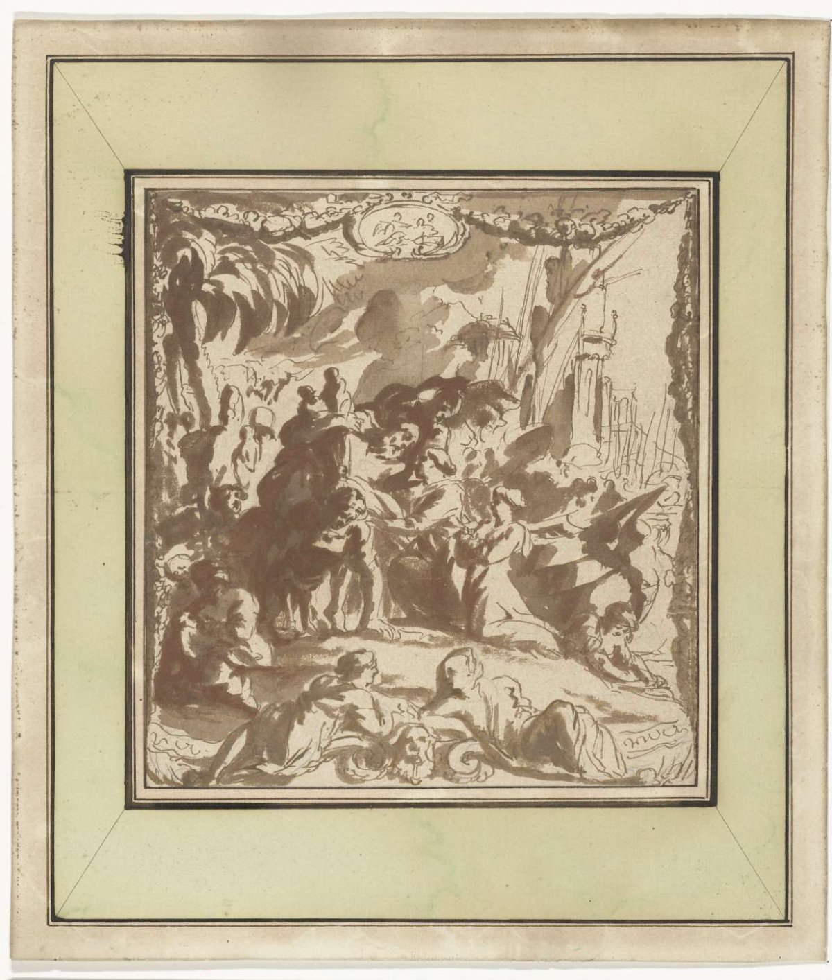 Design for a wallpaper painting or tapestry featuring Anchises and Aeneas, Augustinus Terwesten (I), 1659 - 1711