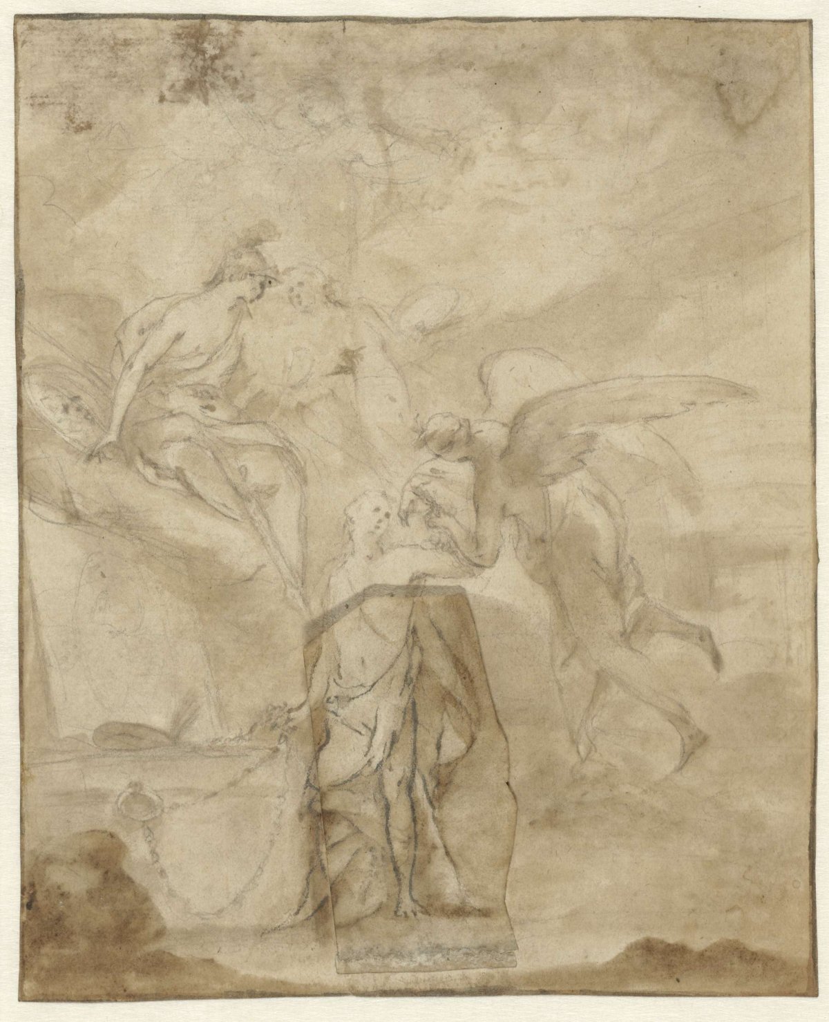 Allegory of painting with Prometheus, Mercury, Minerva and Pictura near an easel on which a painting is displayed, anonymous, c. 1700 - c. 1800