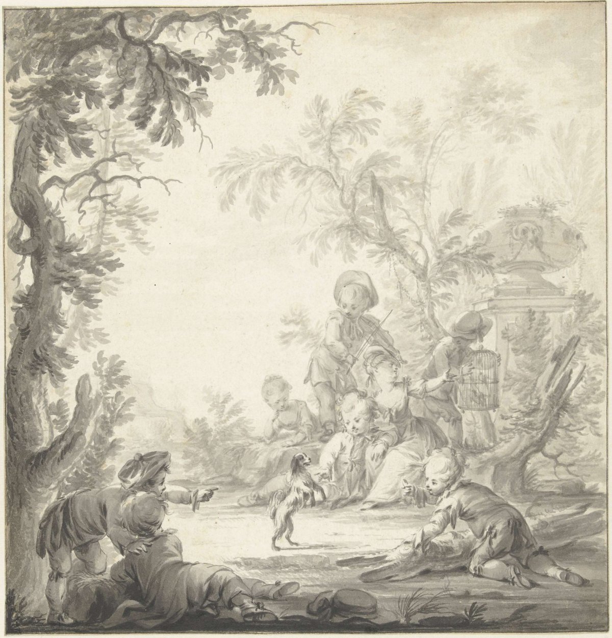 Design for a wallpaper mural with children and a dog, Dirk van der Aa, c. 1741 - c. 1809