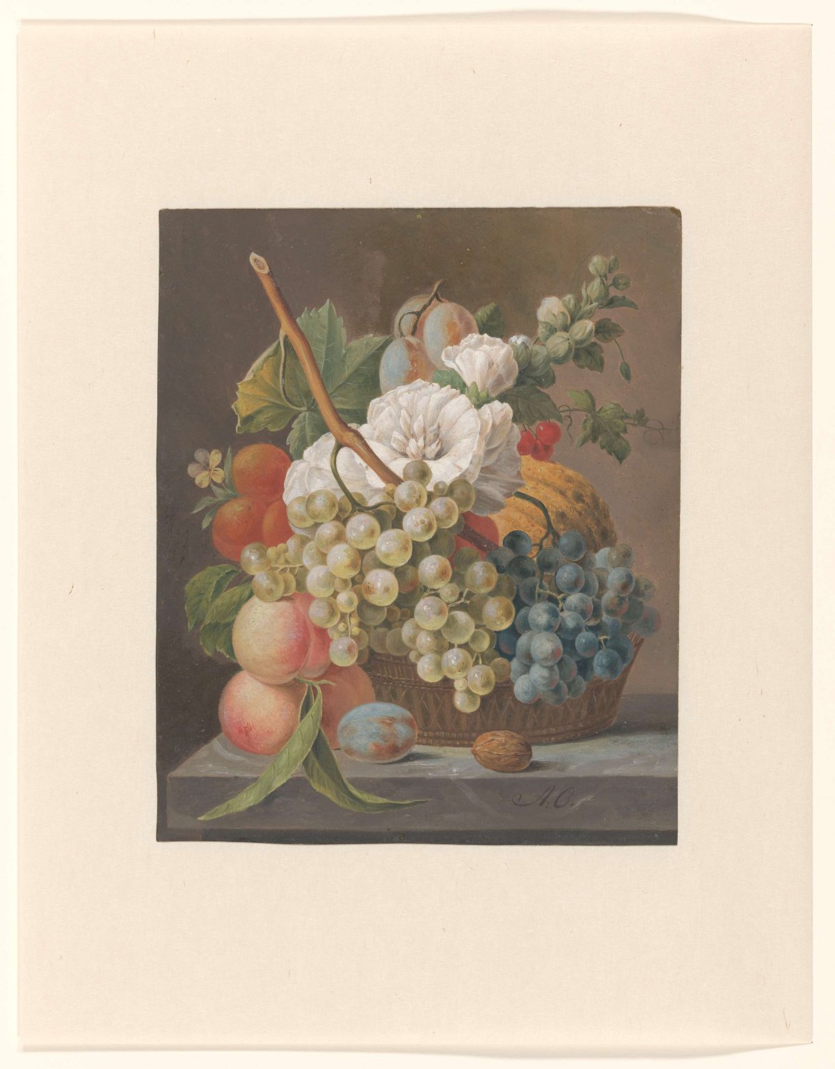 Still life with flowers and fruit in a basket, Anthony Oberman, 1791 - c. 1845