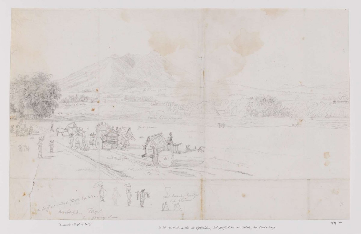 Landscape with view of rice fields and a mountain, West Java, Adrianus Johannes Bik, c. 1816 - c. 1846